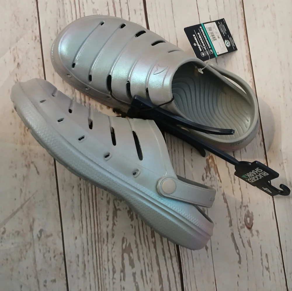 Rugged Shark Slip-On Clogs Silver Mylar Glitter Girls Size 4